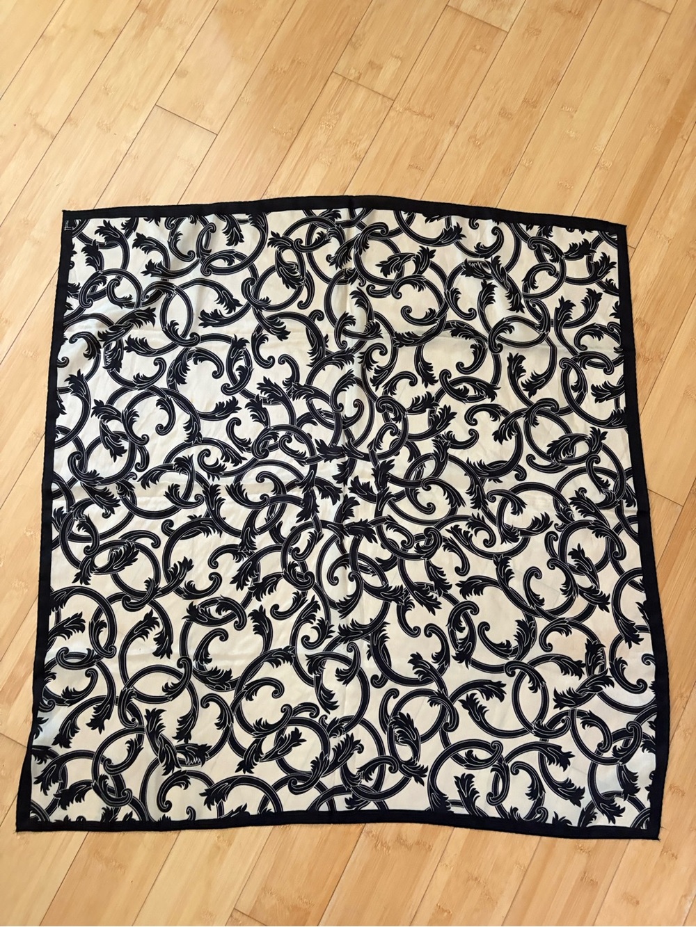 Vintage Honey Silk Scarf Made in Japan Black & White Scroll Pattern